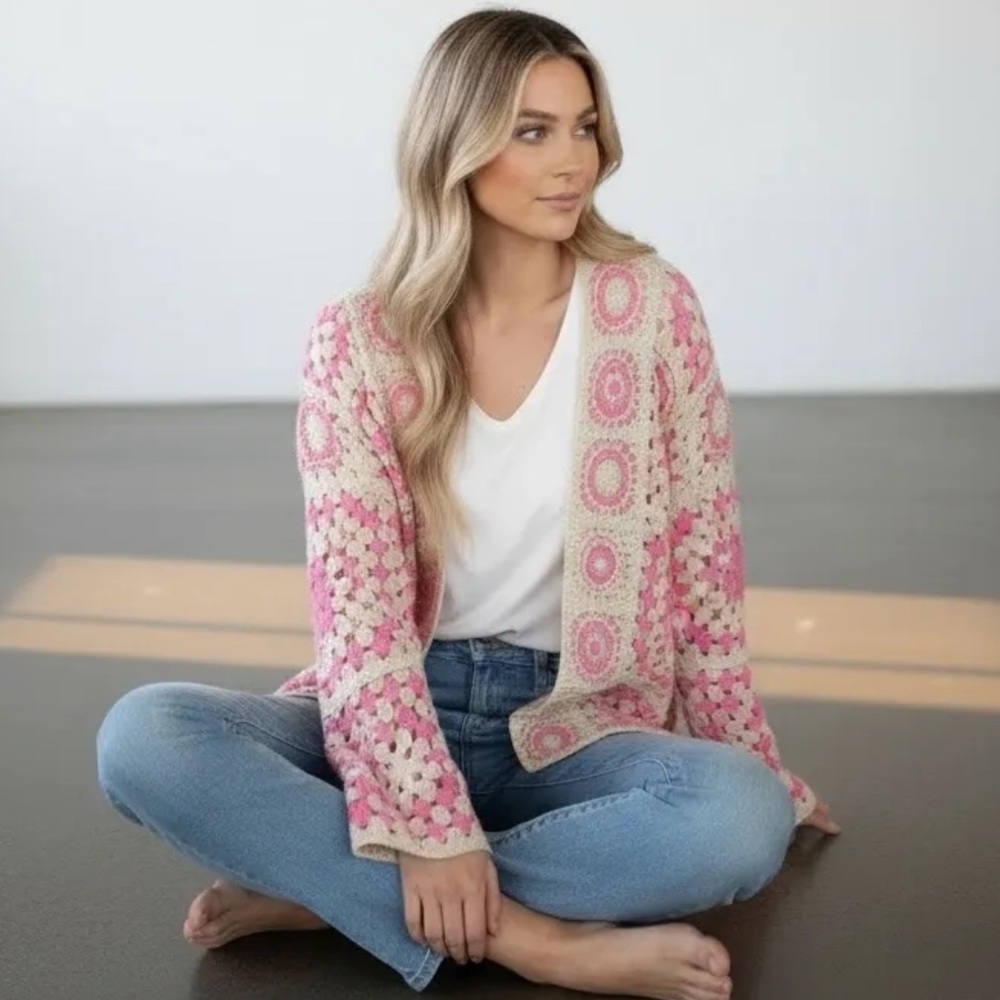 FROM PARIS FRANCE 🇫🇷 Pink and Cream Crochet Women's Sweater
